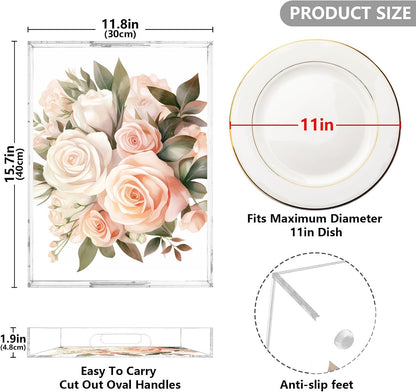 Plastic Food Serving Tray Decorative Vanity Trays for Bathroom Bouquet Rose Pink Coffee Table Kitchen Counter 11.8 * 15.7in