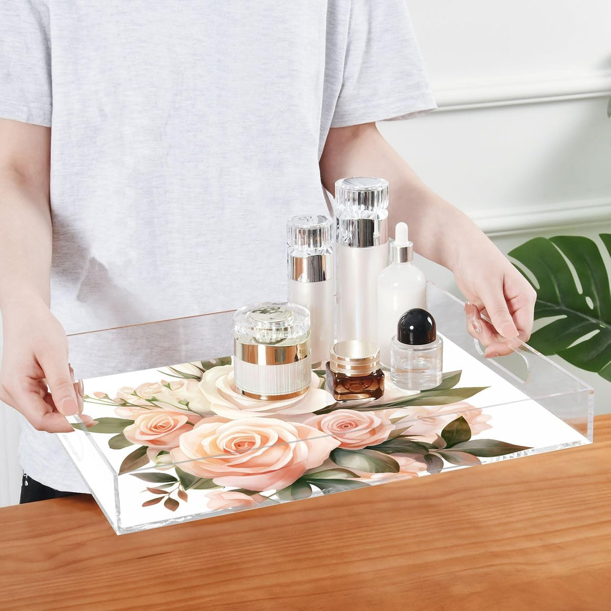 Plastic Food Serving Tray Decorative Vanity Trays for Bathroom Bouquet Rose Pink Coffee Table Kitchen Counter 11.8 * 15.7in