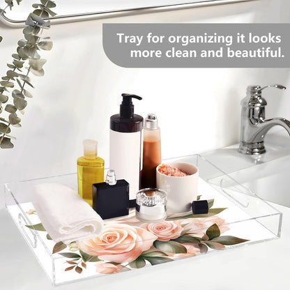 Plastic Food Serving Tray Decorative Vanity Trays for Bathroom Bouquet Rose Pink Coffee Table Kitchen Counter 11.8 * 15.7in