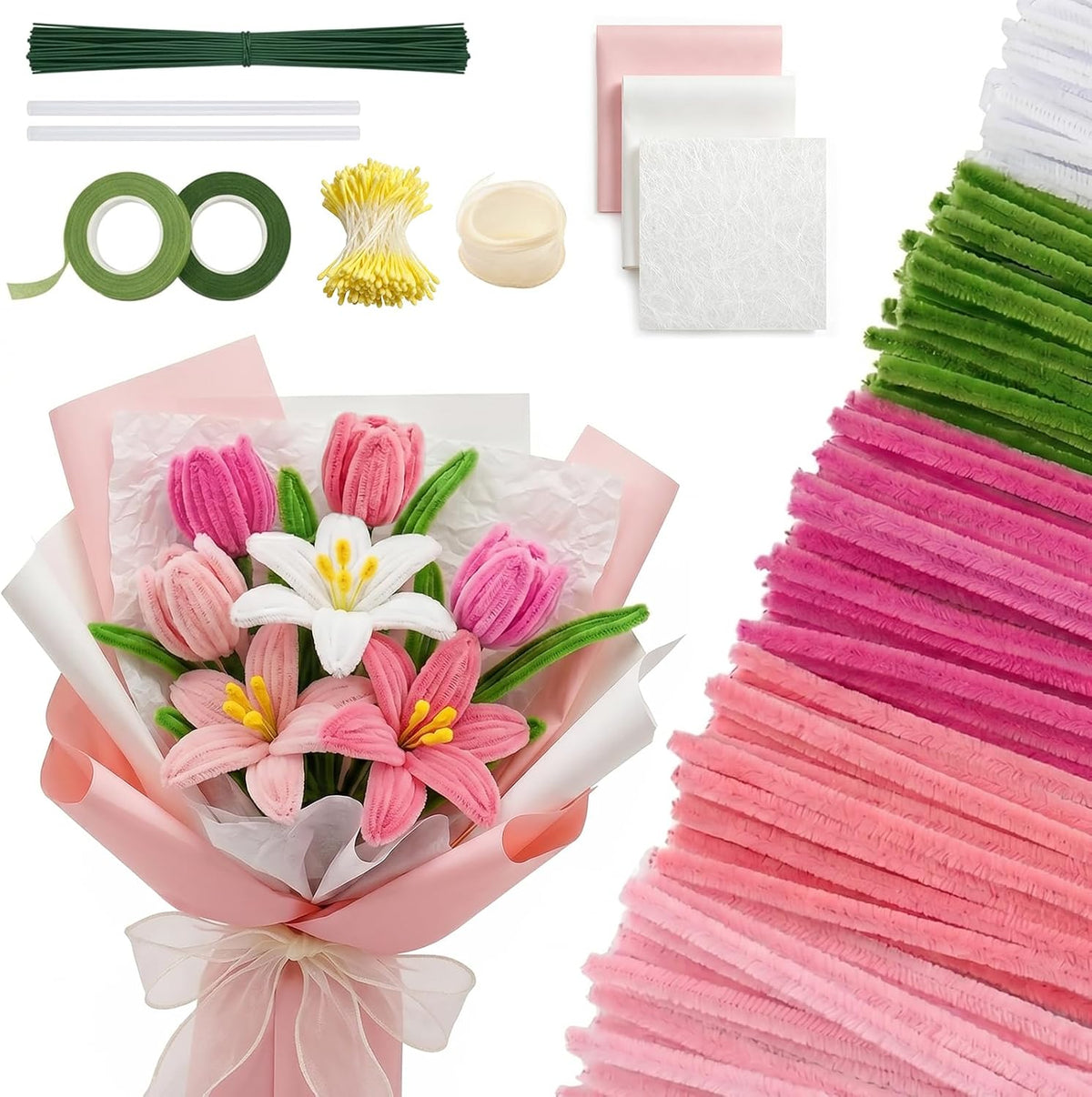 Pipe Cleaner Flower Kit, 500 Pcs Pink Chenille Stems Bulk