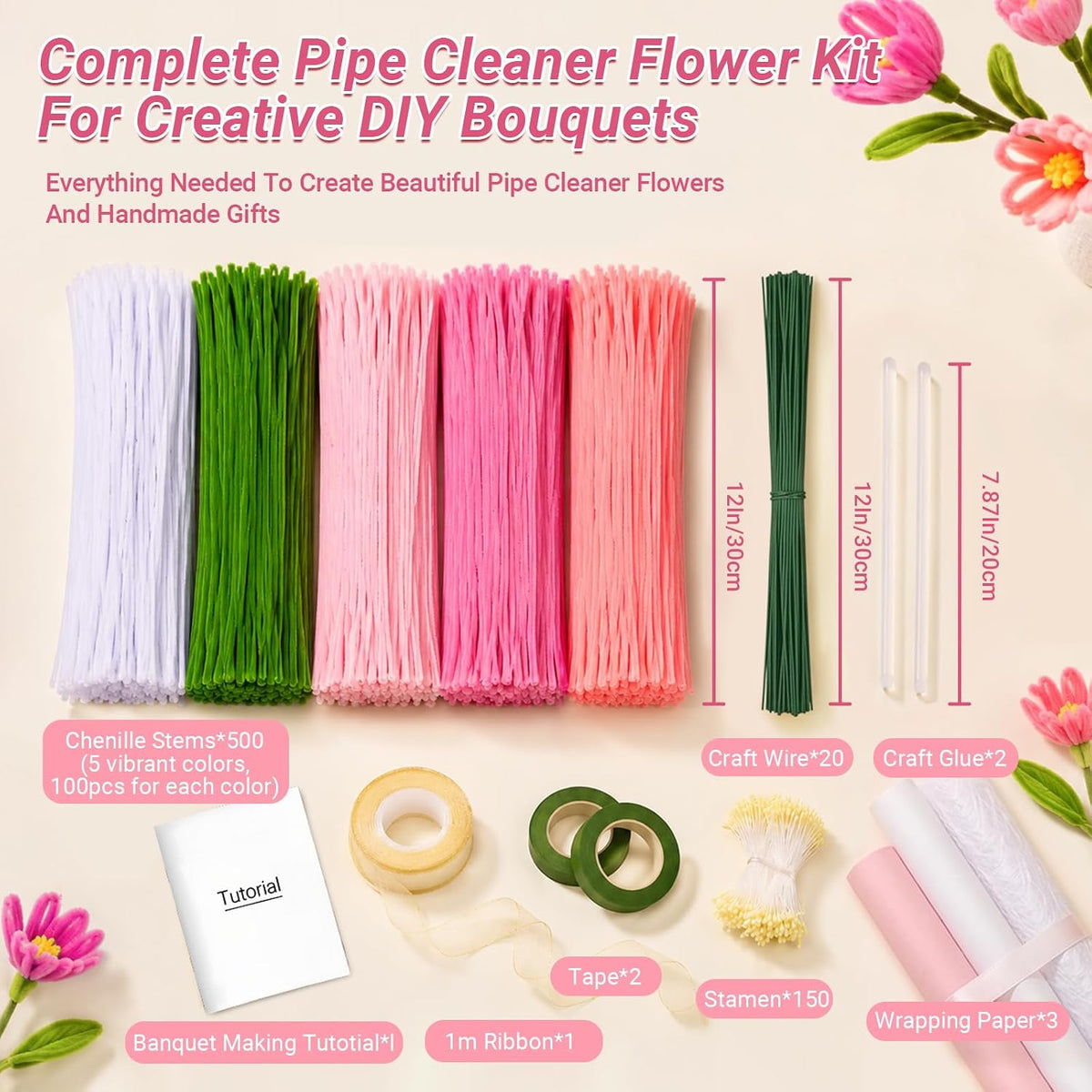 Pipe Cleaner Flower Kit, 500 Pcs Pink Chenille Stems Bulk