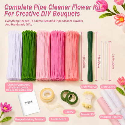 Pipe Cleaner Flower Kit, 500 Pcs Pink Chenille Stems Bulk