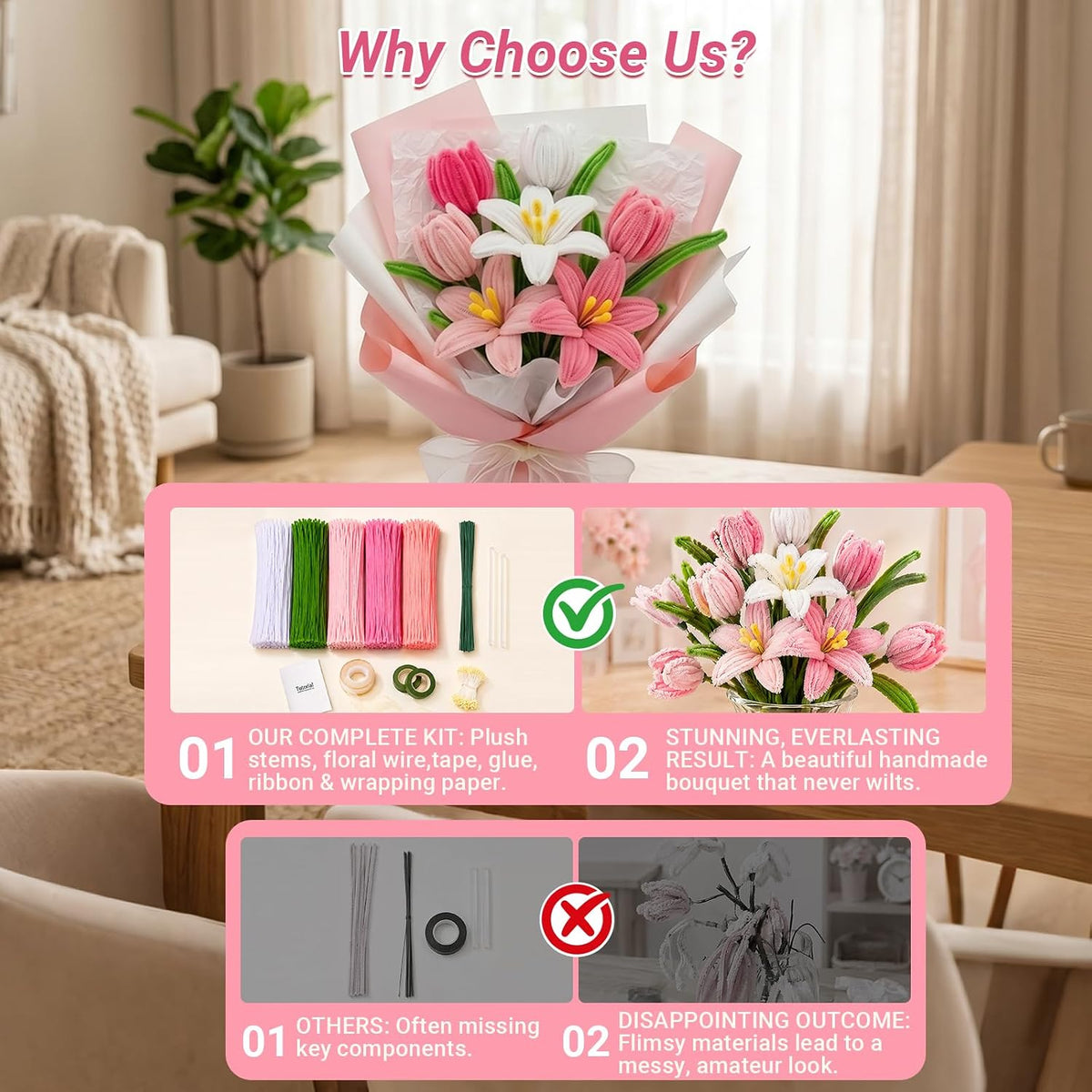 Pipe Cleaner Flower Kit, 500 Pcs Pink Chenille Stems Bulk