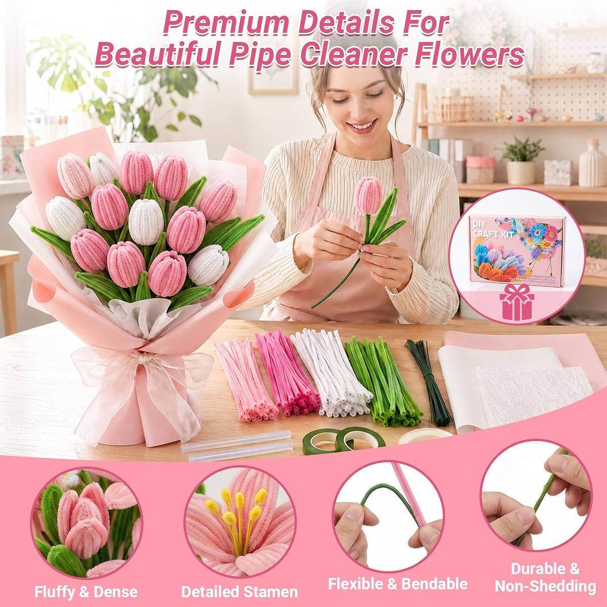Pipe Cleaner Flower Kit, 500 Pcs Pink Chenille Stems Bulk