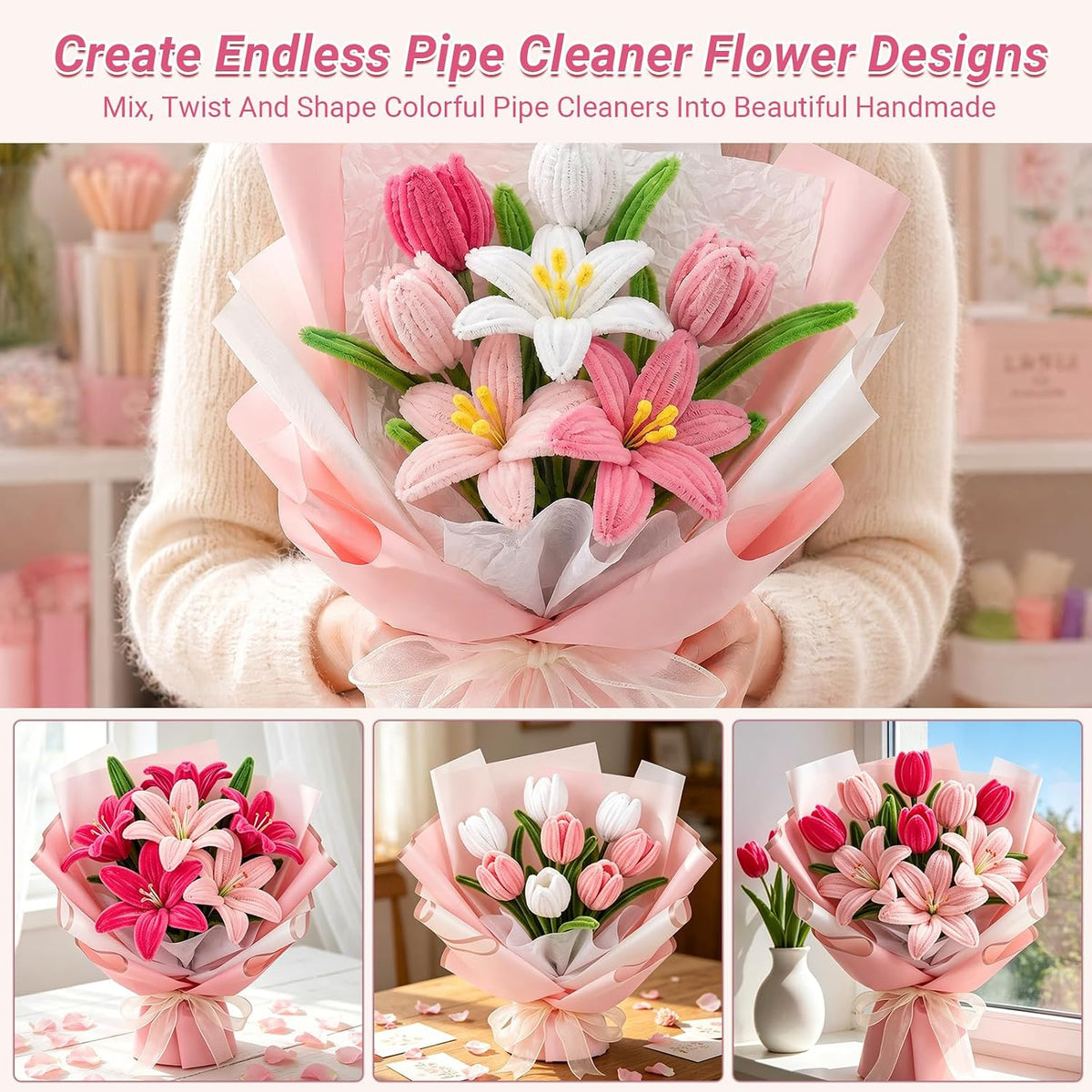 Pipe Cleaner Flower Kit, 500 Pcs Pink Chenille Stems Bulk