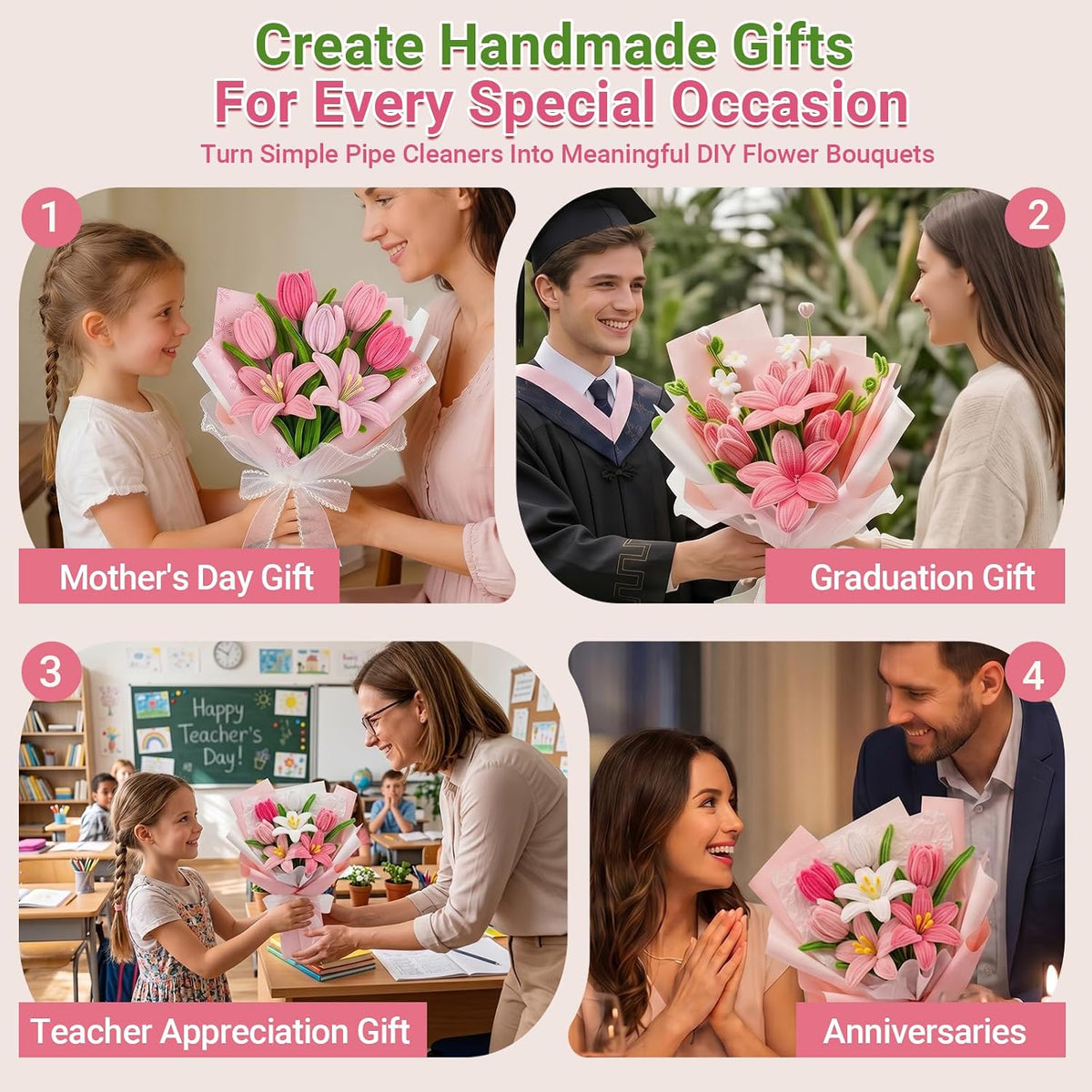 Pipe Cleaner Flower Kit, 500 Pcs Pink Chenille Stems Bulk