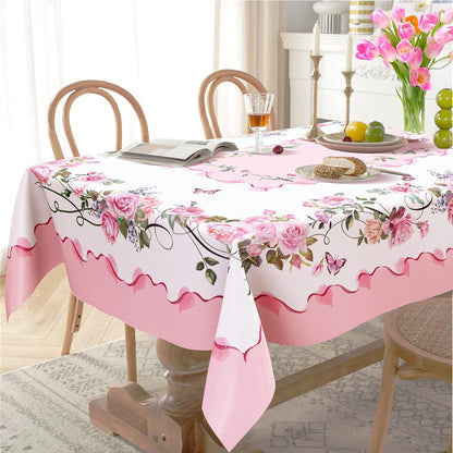 Yighty Pink Rectangle Tablecloth, Rose Flower Printed, Waterproof Floral 60x84inch, Suitable for Indoor and Outdoor, Holiday Kitchen Restaurant and Party
