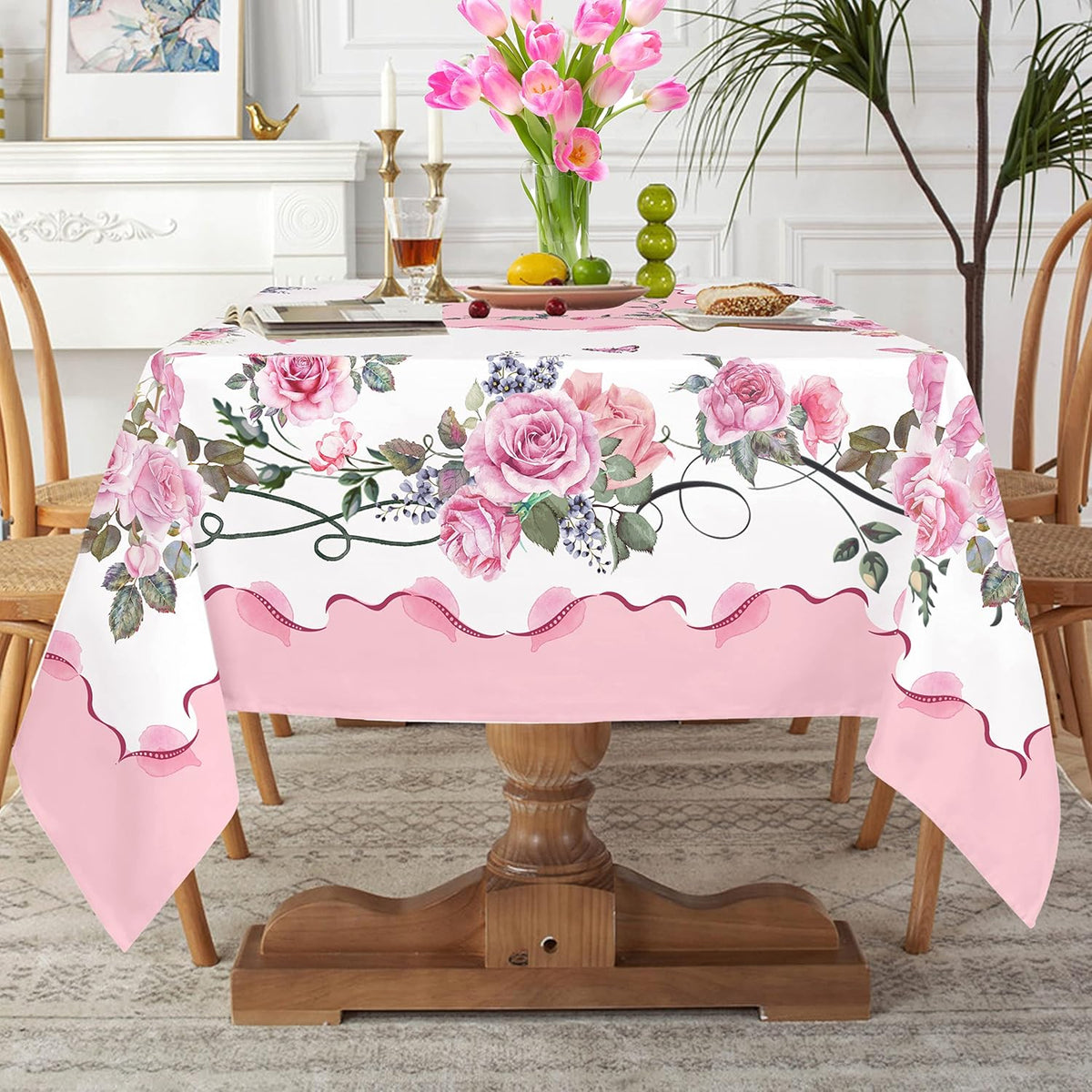 Yighty Pink Rectangle Tablecloth, Rose Flower Printed, Waterproof Floral 60x84inch, Suitable for Indoor and Outdoor, Holiday Kitchen Restaurant and Party
