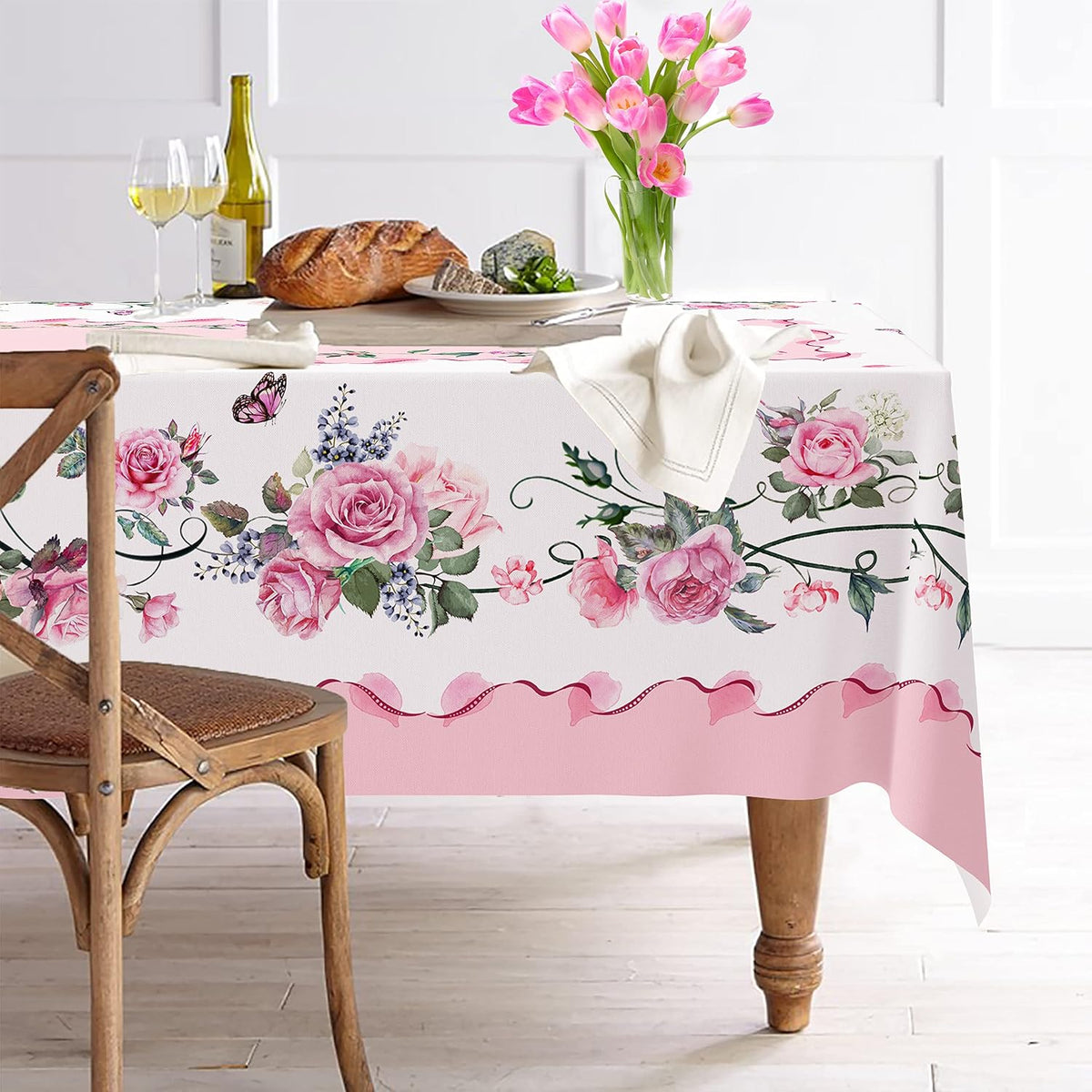 Yighty Pink Rectangle Tablecloth, Rose Flower Printed, Waterproof Floral 60x84inch, Suitable for Indoor and Outdoor, Holiday Kitchen Restaurant and Party