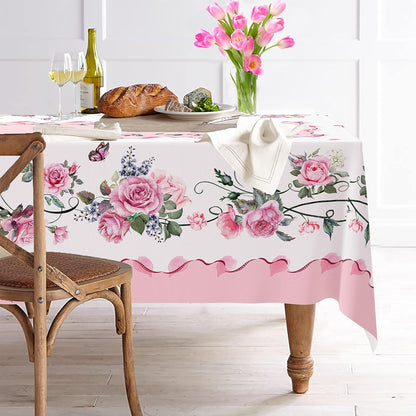 Yighty Pink Rectangle Tablecloth, Rose Flower Printed, Waterproof Floral 60x84inch, Suitable for Indoor and Outdoor, Holiday Kitchen Restaurant and Party