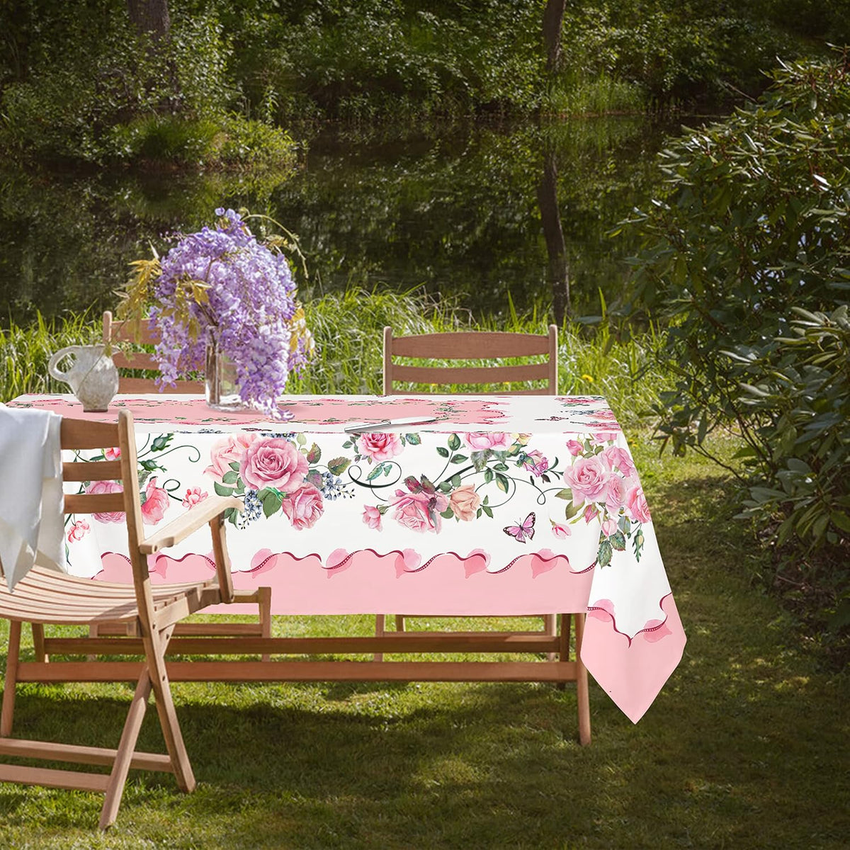 Yighty Pink Rectangle Tablecloth, Rose Flower Printed, Waterproof Floral 60x84inch, Suitable for Indoor and Outdoor, Holiday Kitchen Restaurant and Party