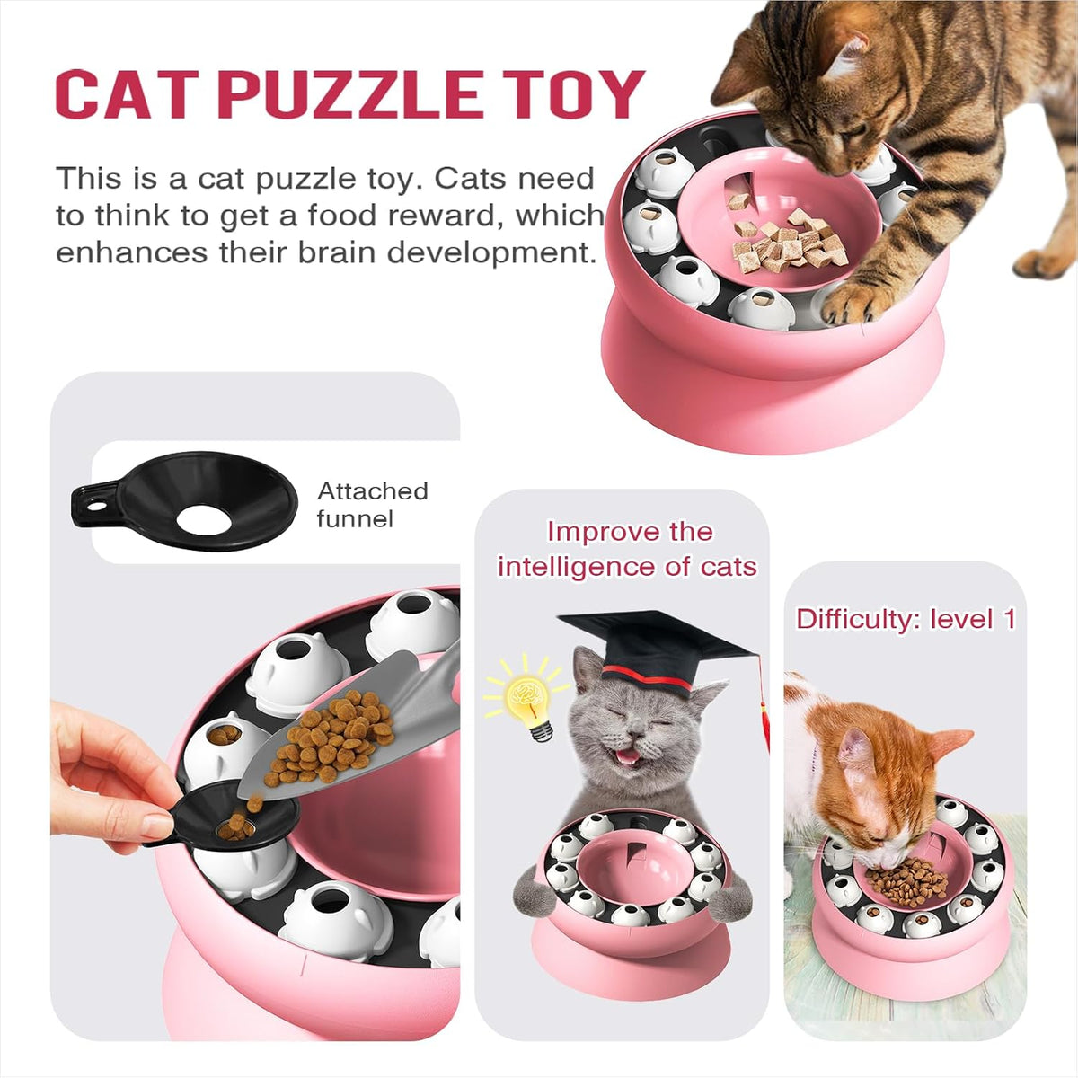 Interactive Cat Puzzle Feeder, Cat Puzzle Toy Treat Dispenser Kitten, Enrichment Toys for Indoor Cats, Slow Feeder Treat Puzzle Toy Cats Stimulation Toys (Pink)