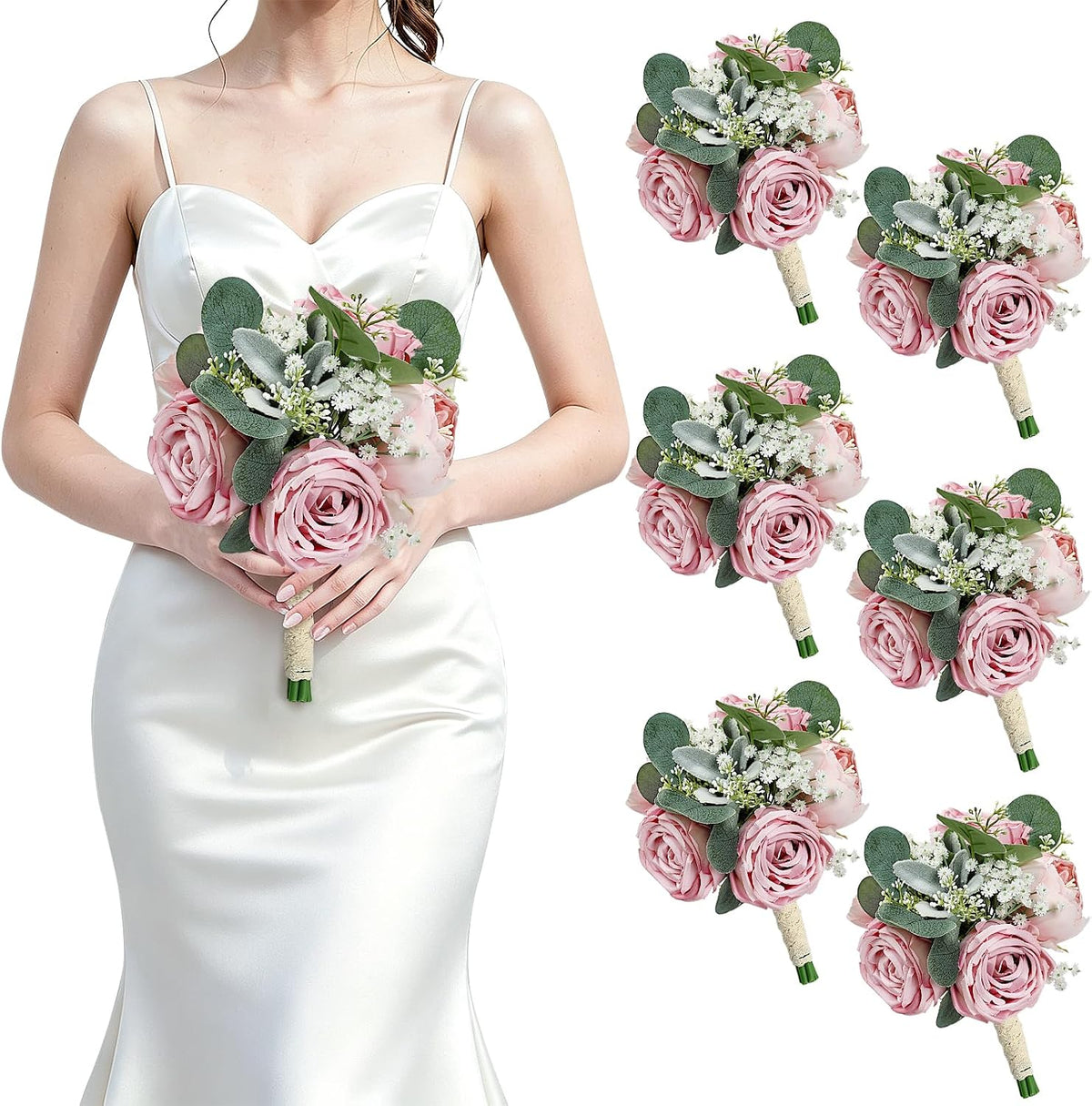 Set of 6 Dusty Pink Peonies & Rose Bridesmaid Bouquets for Wedding Marriage Proposal Bridal Shower Decorations