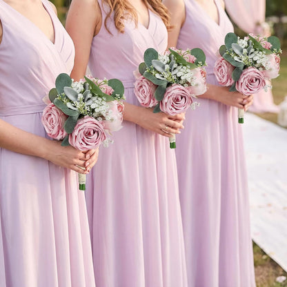 Set of 6 Dusty Pink Peonies & Rose Bridesmaid Bouquets for Wedding Marriage Proposal Bridal Shower Decorations