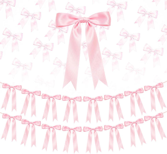 2 Strings Pink Bow Garland Banner Decorations, 16Pcs Pre-Strung Satin Ribbon with 6.7ft Chain for Girl Pink Ribbon Bow Banner Coquette Room Birthday Baby Bridal Shower Wedding Bachelorette Party Decor