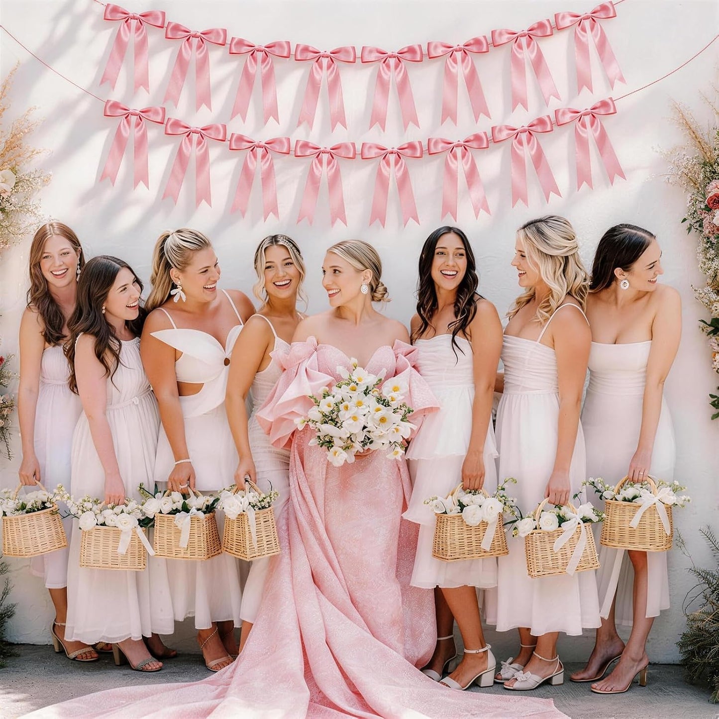 2 Strings Pink Bow Garland Banner Decorations, 16Pcs Pre-Strung Satin Ribbon with 6.7ft Chain for Girl Pink Ribbon Bow Banner Coquette Room Birthday Baby Bridal Shower Wedding Bachelorette Party Decor