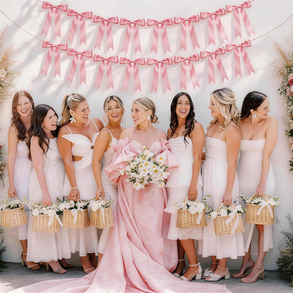 2 Strings Pink Bow Garland Banner Decorations, 16Pcs Pre-Strung Satin Ribbon with 6.7ft Chain for Girl Pink Ribbon Bow Banner Coquette Room Birthday Baby Bridal Shower Wedding Bachelorette Party Decor