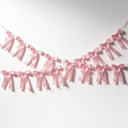 2 Strings Pink Bow Garland Banner Decorations, 16Pcs Pre-Strung Satin Ribbon with 6.7ft Chain for Girl Pink Ribbon Bow Banner Coquette Room Birthday Baby Bridal Shower Wedding Bachelorette Party Decor