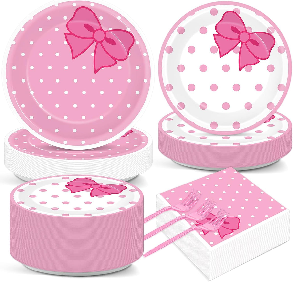 200 PCS Pink Bow Party Supplies Cute Birthday Paper Plates and Napkins Tableware Set Disposable Dinner Dessert Plates Decorations for Birthday Baby Shower Cute Pink Bow Party Favors for 50 Guests