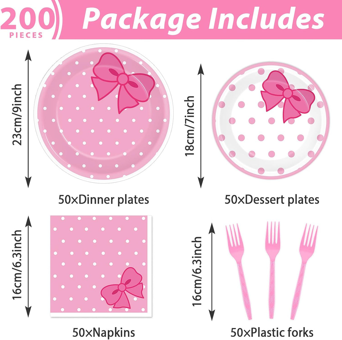 200 PCS Pink Bow Party Supplies Cute Birthday Paper Plates and Napkins Tableware Set Disposable Dinner Dessert Plates Decorations for Birthday Baby Shower Cute Pink Bow Party Favors for 50 Guests