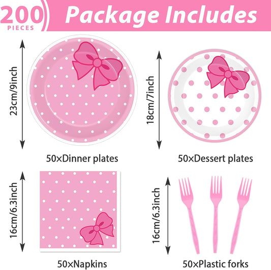 200 PCS Pink Bow Party Supplies Cute Birthday Paper Plates and Napkins Tableware Set Disposable Dinner Dessert Plates Decorations for Birthday Baby Shower Cute Pink Bow Party Favors for 50 Guests