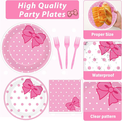 200 PCS Pink Bow Party Supplies Cute Birthday Paper Plates and Napkins Tableware Set Disposable Dinner Dessert Plates Decorations for Birthday Baby Shower Cute Pink Bow Party Favors for 50 Guests