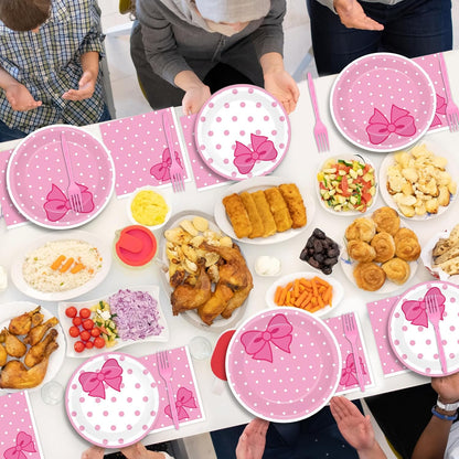 200 PCS Pink Bow Party Supplies Cute Birthday Paper Plates and Napkins Tableware Set Disposable Dinner Dessert Plates Decorations for Birthday Baby Shower Cute Pink Bow Party Favors for 50 Guests