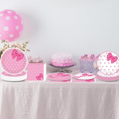 200 PCS Pink Bow Party Supplies Cute Birthday Paper Plates and Napkins Tableware Set Disposable Dinner Dessert Plates Decorations for Birthday Baby Shower Cute Pink Bow Party Favors for 50 Guests