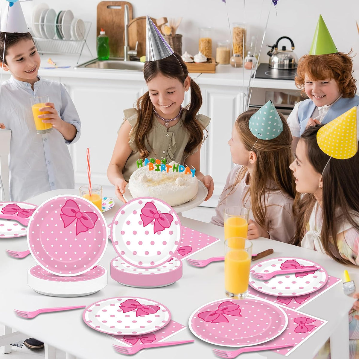 200 PCS Pink Bow Party Supplies Cute Birthday Paper Plates and Napkins Tableware Set Disposable Dinner Dessert Plates Decorations for Birthday Baby Shower Cute Pink Bow Party Favors for 50 Guests