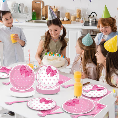 200 PCS Pink Bow Party Supplies Cute Birthday Paper Plates and Napkins Tableware Set Disposable Dinner Dessert Plates Decorations for Birthday Baby Shower Cute Pink Bow Party Favors for 50 Guests