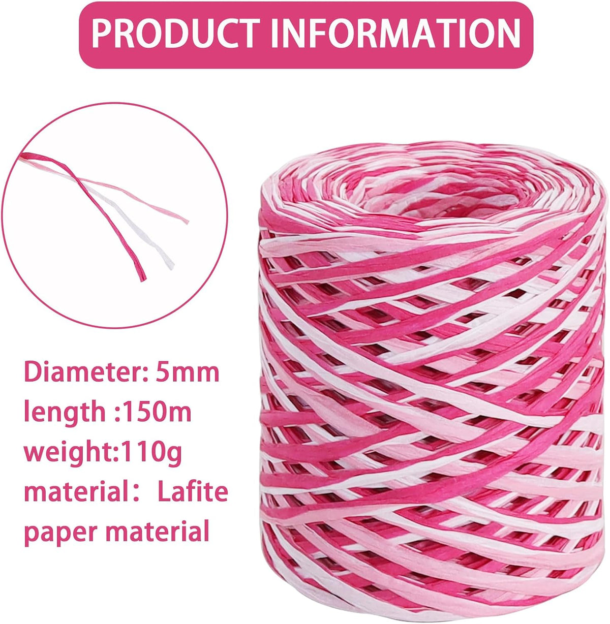 Raffia Paper Ribbon 492 Feet Raffia Yarn for Gift Wrapping - White Pink Hot Pink Packing Paper Twine for Gift Wrapping, DIY Crafts, Floral Bouquet, Anniversary, Valentines Party Supplies