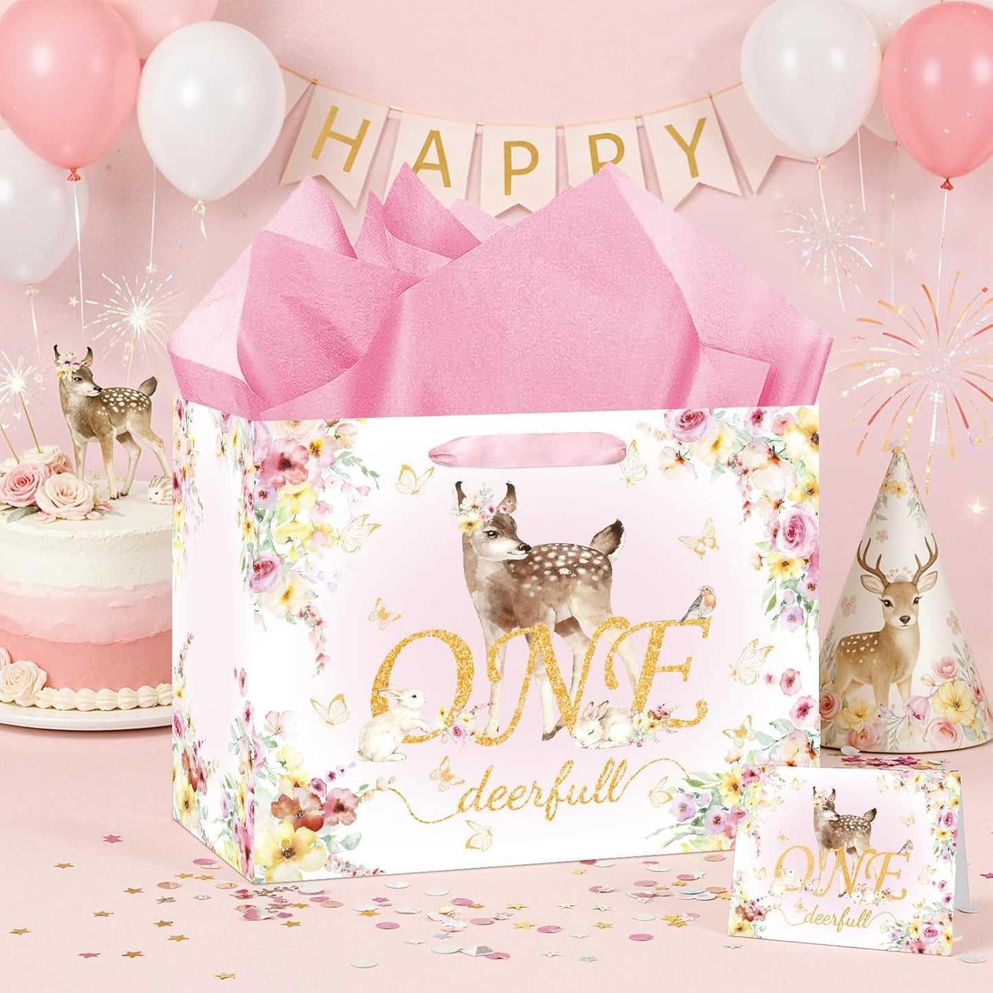 Deer 1st Gift Bag for Girls Pink One Birthday Wrap Bag with Card Tissue Paper Floral First Birthday Wrapping Paper for One Year Old Baby Shower Party Favors Gold OneDeerful Decorations Supplies