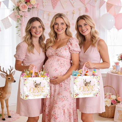 Deer 1st Gift Bag for Girls Pink One Birthday Wrap Bag with Card Tissue Paper Floral First Birthday Wrapping Paper for One Year Old Baby Shower Party Favors Gold OneDeerful Decorations Supplies