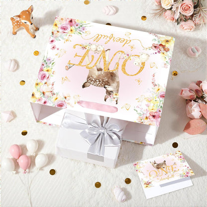 Deer 1st Gift Bag for Girls Pink One Birthday Wrap Bag with Card Tissue Paper Floral First Birthday Wrapping Paper for One Year Old Baby Shower Party Favors Gold OneDeerful Decorations Supplies