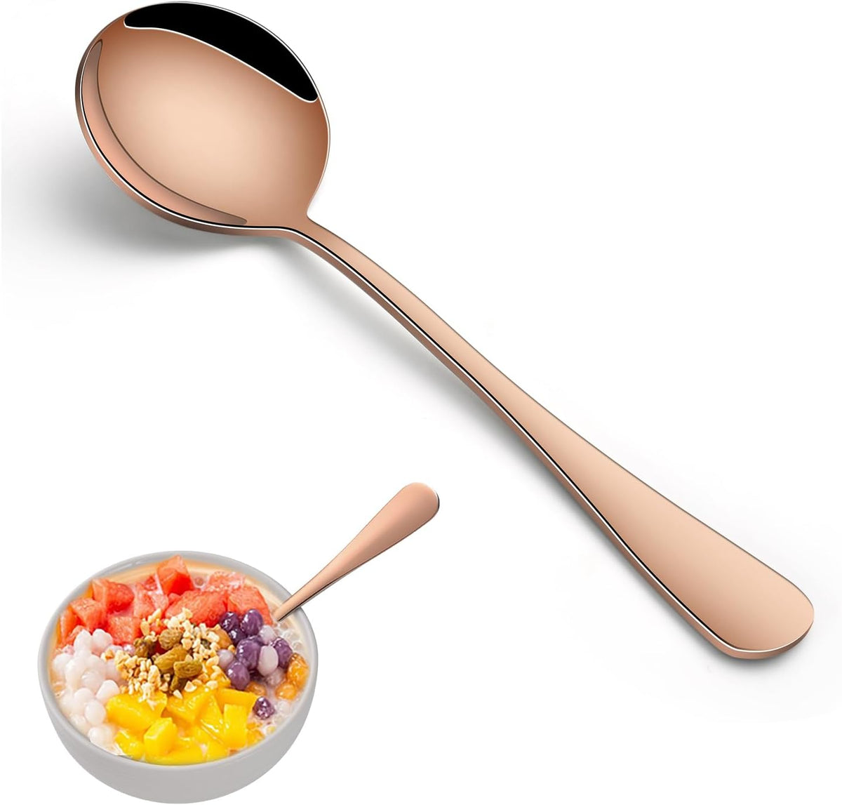 Rose Gold Soup Spoons Set of 8, 7.4 Inch Stainless Steel Round Spoon For Kitchen, Mirror Polished Copper Metal Spoons for Dessert & Bouillon