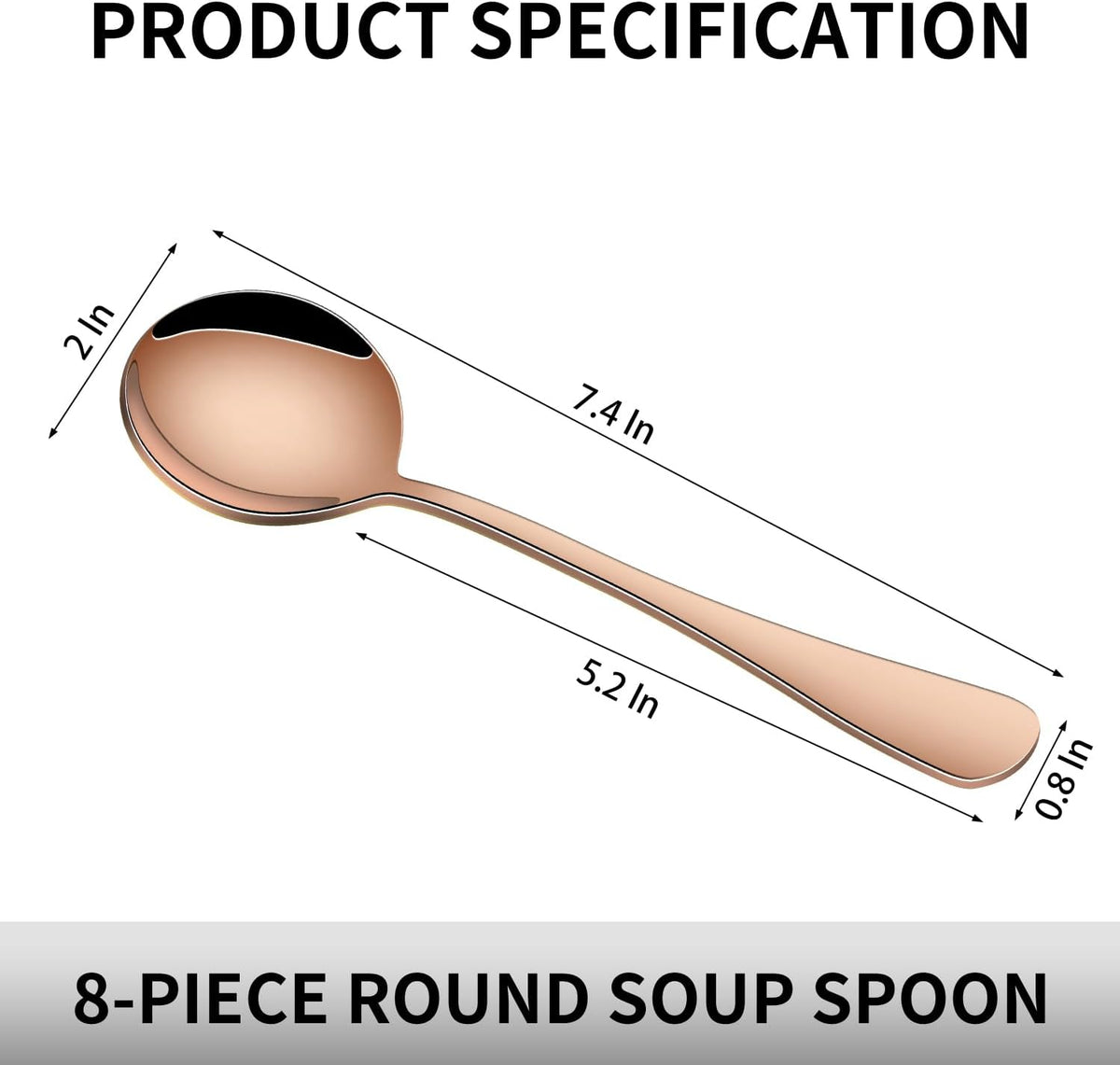 Rose Gold Soup Spoons Set of 8, 7.4 Inch Stainless Steel Round Spoon For Kitchen, Mirror Polished Copper Metal Spoons for Dessert & Bouillon