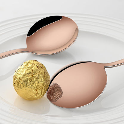 Rose Gold Soup Spoons Set of 8, 7.4 Inch Stainless Steel Round Spoon For Kitchen, Mirror Polished Copper Metal Spoons for Dessert & Bouillon
