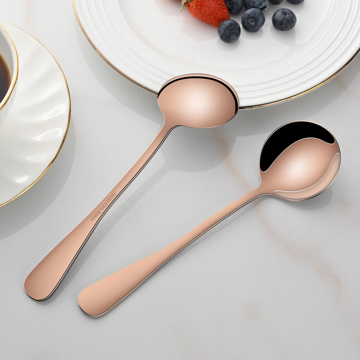 Rose Gold Soup Spoons Set of 8, 7.4 Inch Stainless Steel Round Spoon For Kitchen, Mirror Polished Copper Metal Spoons for Dessert & Bouillon
