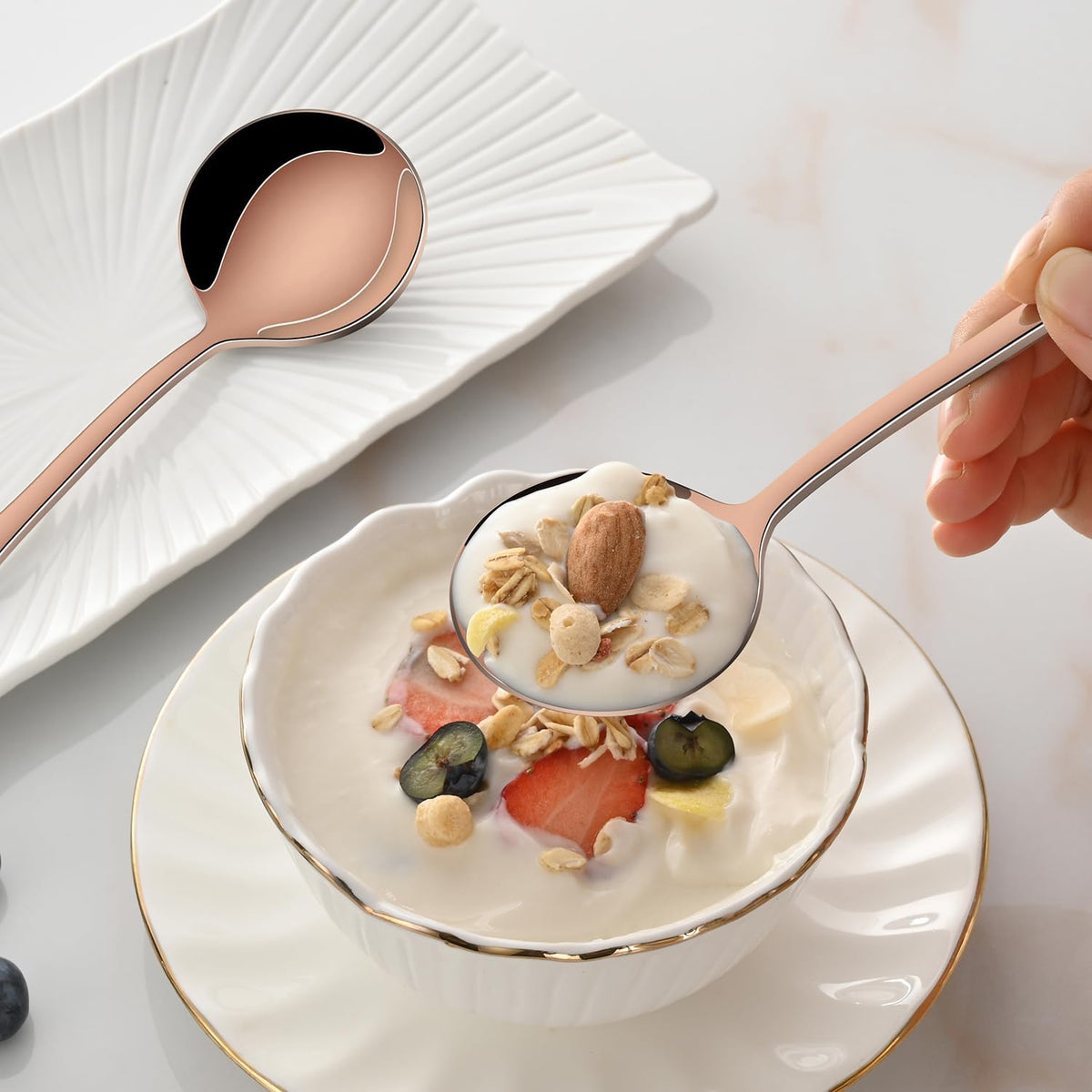 Rose Gold Soup Spoons Set of 8, 7.4 Inch Stainless Steel Round Spoon For Kitchen, Mirror Polished Copper Metal Spoons for Dessert & Bouillon