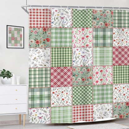 Long Cute Plaid Floral Shower Curtain for Bathroom Decor 72Wx78H Green Boho Flower Pink Retro Patchwork Wildflowers Checkered Art Printed Fabric Polyester Waterproof 12 Pack Plastic Hooks