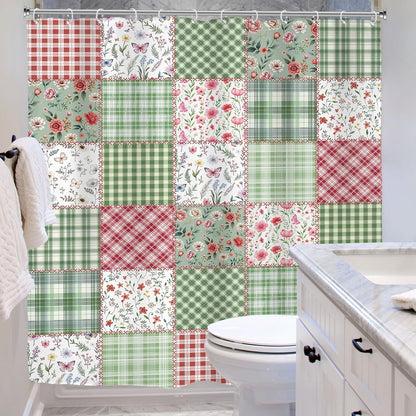 Long Cute Plaid Floral Shower Curtain for Bathroom Decor 72Wx78H Green Boho Flower Pink Retro Patchwork Wildflowers Checkered Art Printed Fabric Polyester Waterproof 12 Pack Plastic Hooks