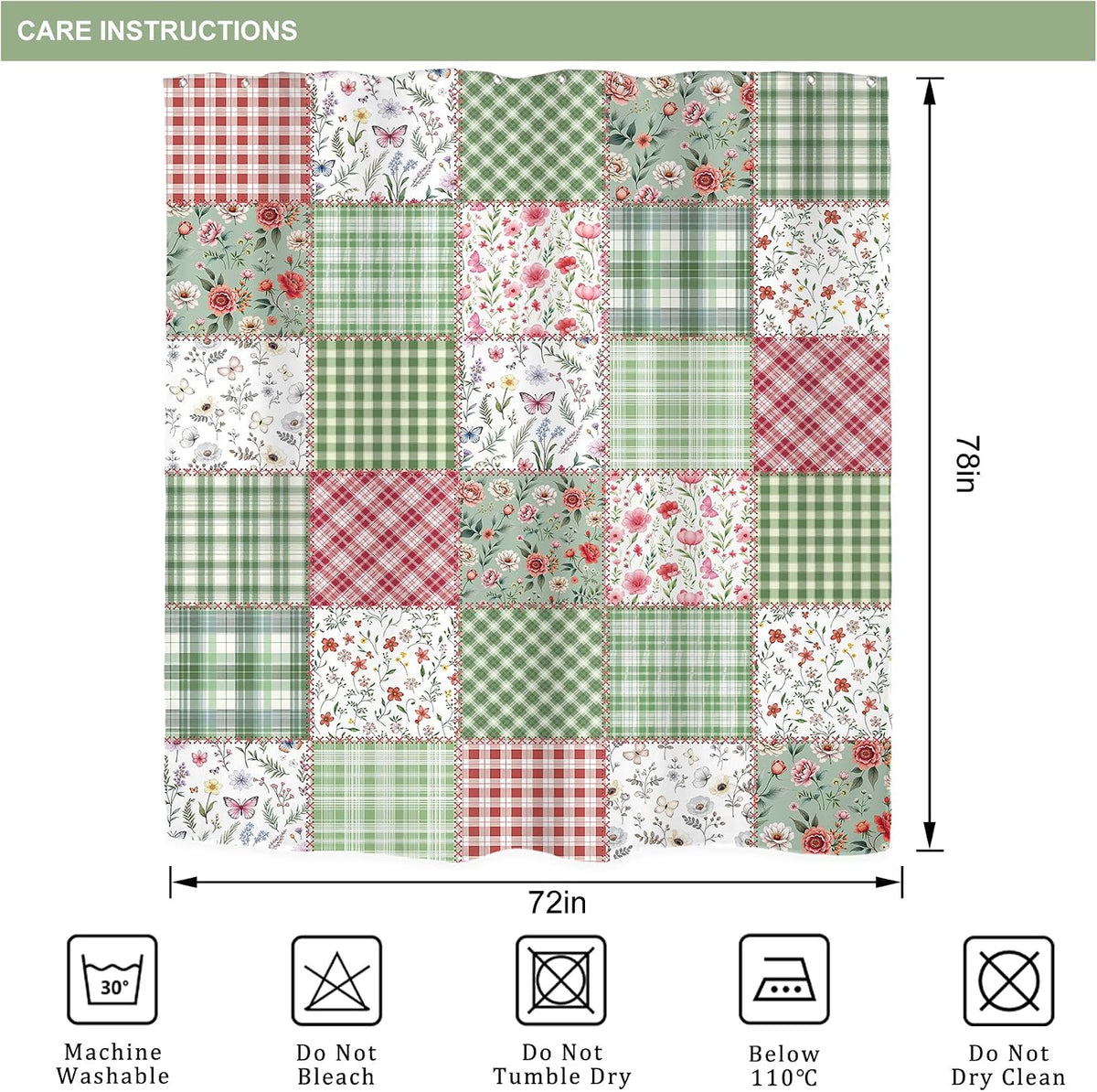 Long Cute Plaid Floral Shower Curtain for Bathroom Decor 72Wx78H Green Boho Flower Pink Retro Patchwork Wildflowers Checkered Art Printed Fabric Polyester Waterproof 12 Pack Plastic Hooks