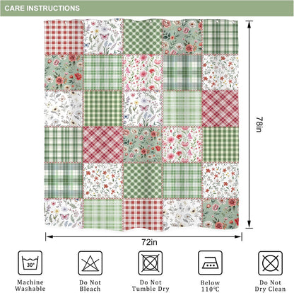 Long Cute Plaid Floral Shower Curtain for Bathroom Decor 72Wx78H Green Boho Flower Pink Retro Patchwork Wildflowers Checkered Art Printed Fabric Polyester Waterproof 12 Pack Plastic Hooks