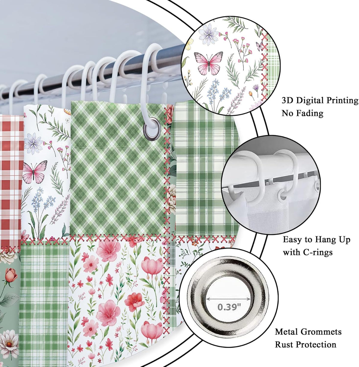 Long Cute Plaid Floral Shower Curtain for Bathroom Decor 72Wx78H Green Boho Flower Pink Retro Patchwork Wildflowers Checkered Art Printed Fabric Polyester Waterproof 12 Pack Plastic Hooks