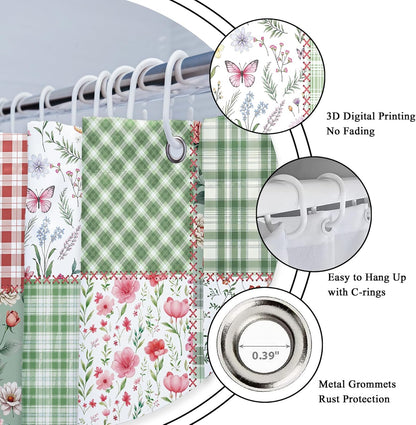Long Cute Plaid Floral Shower Curtain for Bathroom Decor 72Wx78H Green Boho Flower Pink Retro Patchwork Wildflowers Checkered Art Printed Fabric Polyester Waterproof 12 Pack Plastic Hooks
