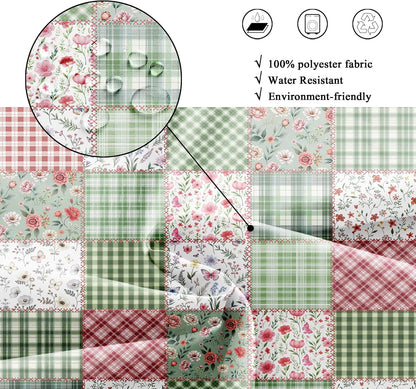 Long Cute Plaid Floral Shower Curtain for Bathroom Decor 72Wx78H Green Boho Flower Pink Retro Patchwork Wildflowers Checkered Art Printed Fabric Polyester Waterproof 12 Pack Plastic Hooks