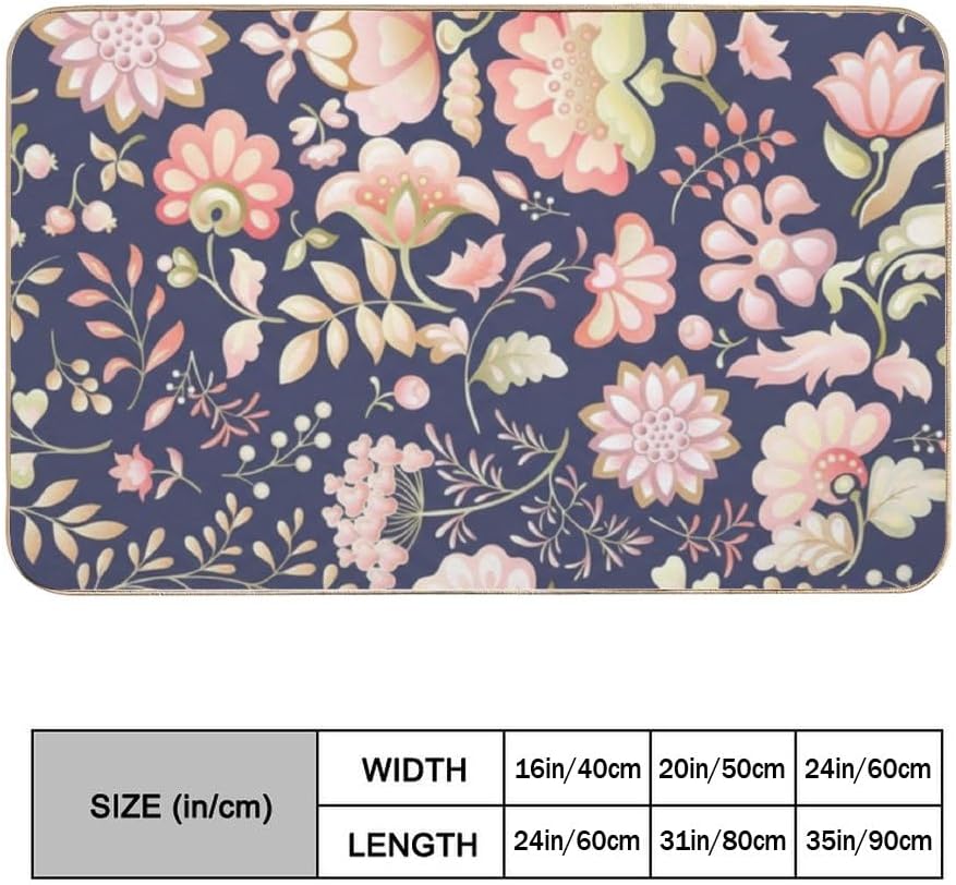 Flannel Quick Dry Bath Mat 24× 35 Inch, Pink Floral No Slip Bathroom Rug Plush Water Absorbing Bathroom Decorations Kitchen Rugs Anti Fatigue Anti Fatigue Mats for Kitchen Floor Carpet