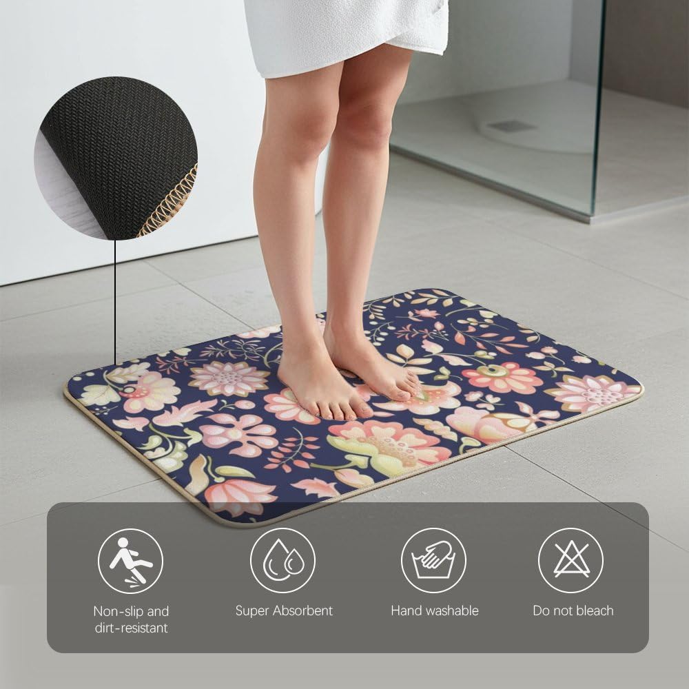 Flannel Quick Dry Bath Mat 24× 35 Inch, Pink Floral No Slip Bathroom Rug Plush Water Absorbing Bathroom Decorations Kitchen Rugs Anti Fatigue Anti Fatigue Mats for Kitchen Floor Carpet