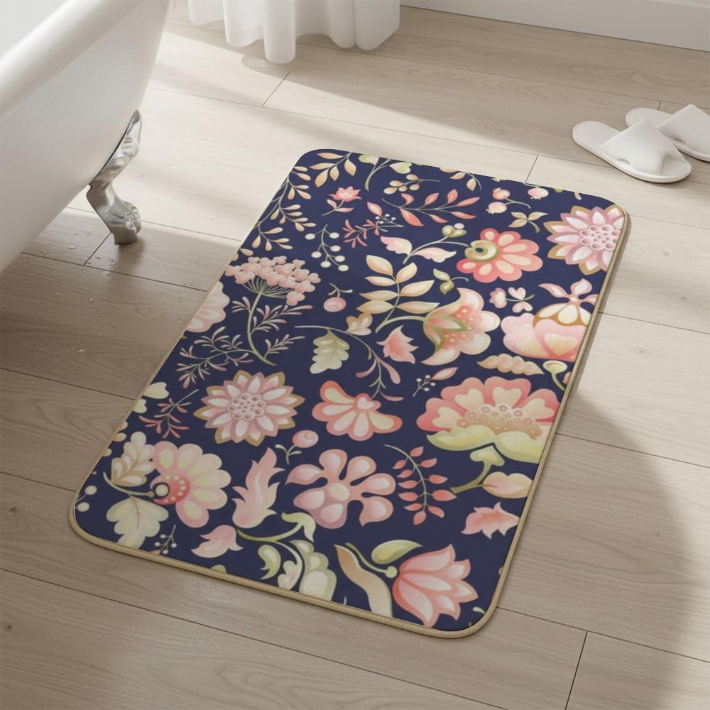 Flannel Quick Dry Bath Mat 24× 35 Inch, Pink Floral No Slip Bathroom Rug Plush Water Absorbing Bathroom Decorations Kitchen Rugs Anti Fatigue Anti Fatigue Mats for Kitchen Floor Carpet