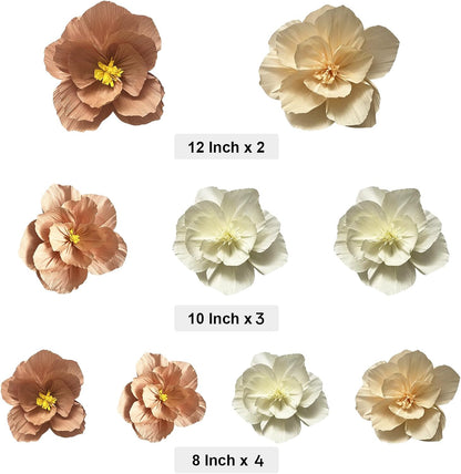 Crepe Paper Flowers Decoration for Wall Total 9 Pcs, Artificial Flowers for Wedding Decor,Flower Backdrop Decor, Baby Bridal Shower Birthday Party, Pink Peach Beige 3D Wall Flowers